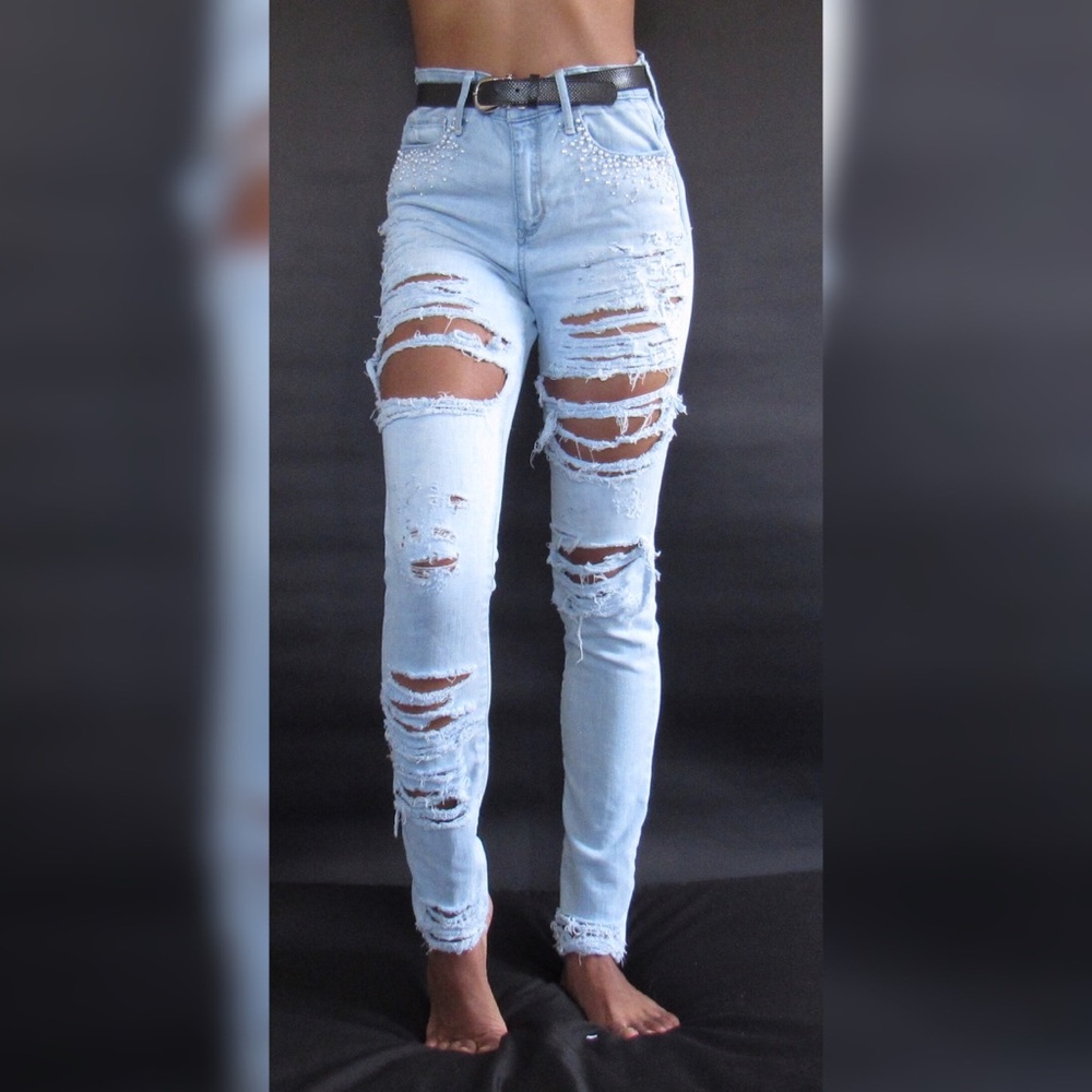High-waisted Pearl Embellished Jeans